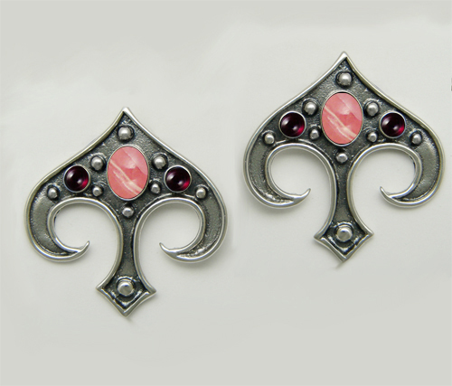 Sterling Silver Gothic Inspired Drop Dangle Earrings With Rhodocrosite And Garnet